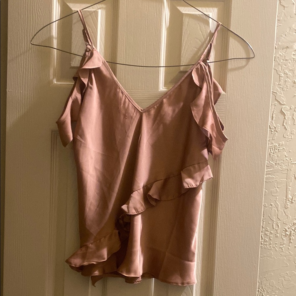 Elegant Pink Ruffle Top With Cold Shoulder Detail